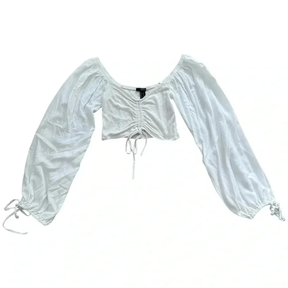White Crop Top, Flowy long Sleeves Shirt Size Small